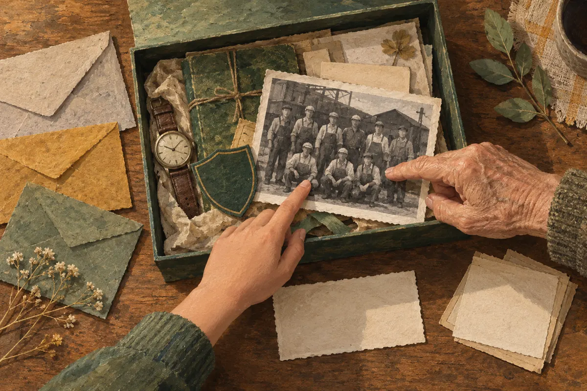 Ilustracja rodzinnego pudełka z fotografiami, zegarkiem, szkolną pamiątką i kartami do zapisania historii.